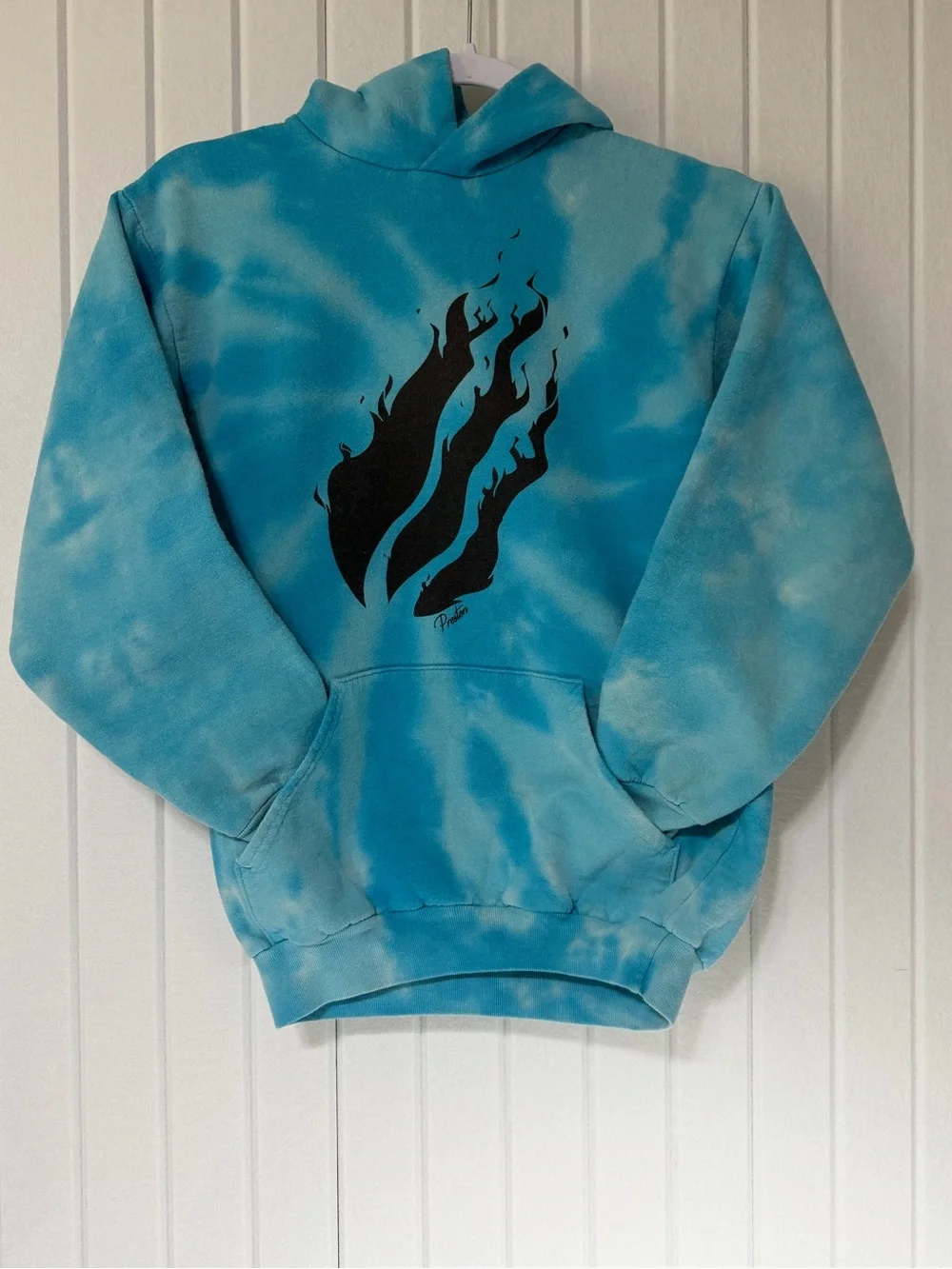 Preston Plays Fire Merch Yoirh Blue Tie-Dye Hoodie with Black Flame Graphic